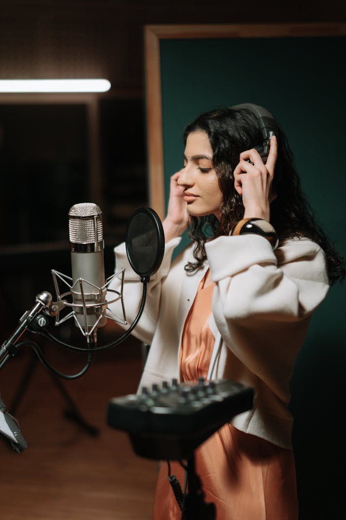 services-02 A woman sings into a microphone in a recording studio, wearing headphones and focusing on her music.