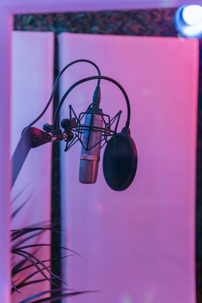 about-01 Close-up of a microphone setup in a moody recording studio environment.