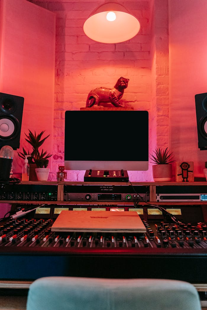 gallery-3 Cozy music studio with sound mixing console and ambient lighting.
